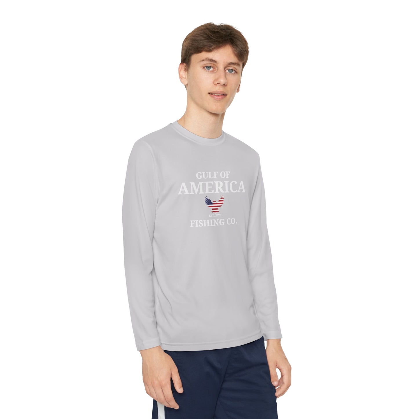 Youth Long Sleeve Competitor Tee Gulf of America Fishing Co with Eagle