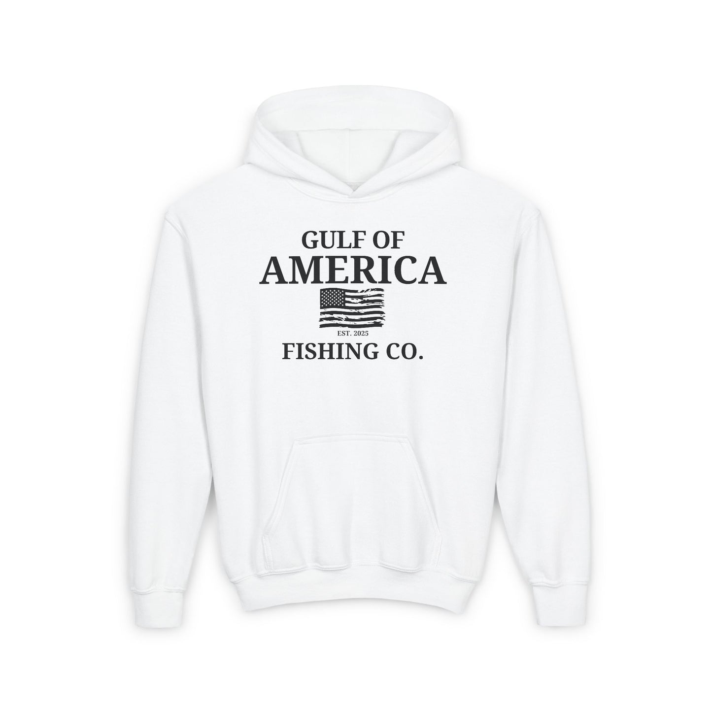 Youth Heavy Blend Hooded Sweatshirt Gulf of America Fishing Co Distressed Flag