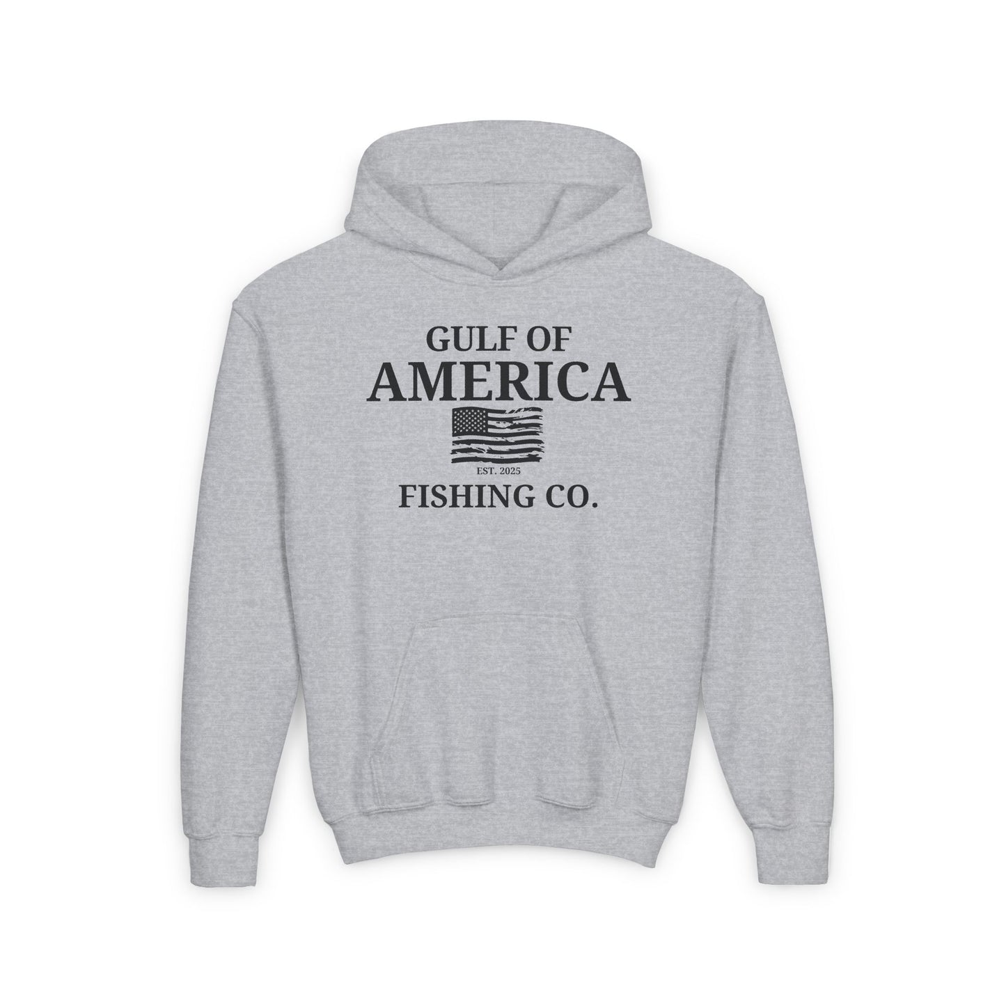 Youth Heavy Blend Hooded Sweatshirt Gulf of America Fishing Co Distressed Flag